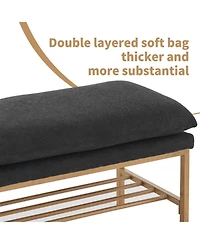 End of Bed Bench with Shelf, Linen Upholstered Storage Shoe Bench, Modern Bedroom Bench with Metal Legs for Living Room, Entryway, Dining Room, 300 Lb