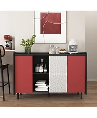 Sideboard Buffet Cabinet, Black Storage Cabinet with Red Doors, 2 Drawers with unique panel styling and 2 Open Storage Compartment, Modern Coffee Bar