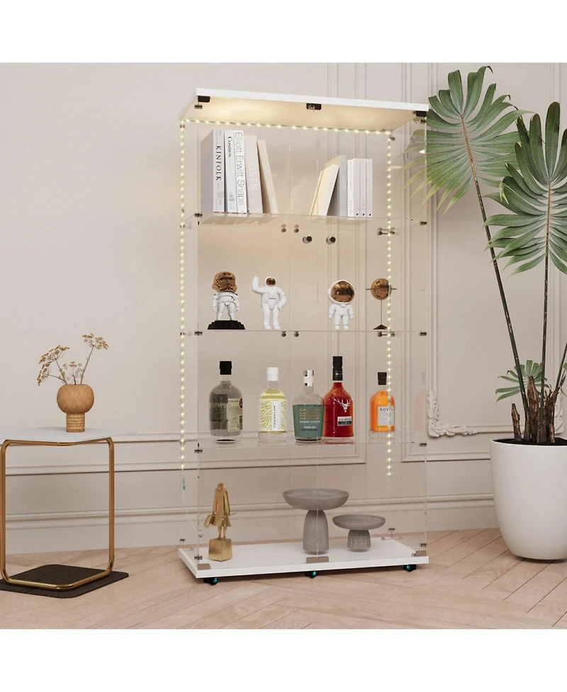 Streamdale White Tempered Glass Cabinet w/ Led, Lock & Wheels