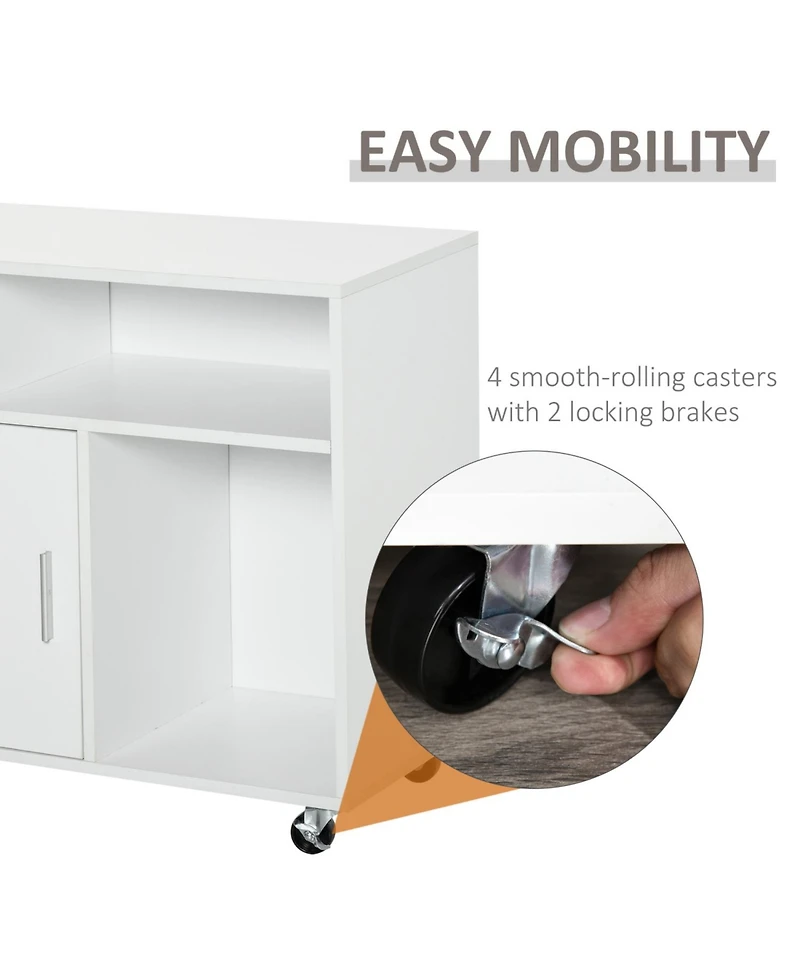 Printer Stand Home Office Mobile Cabinet Organizer Desktop with Caster Wheels, 2 Locking Breaks and Drawer, White