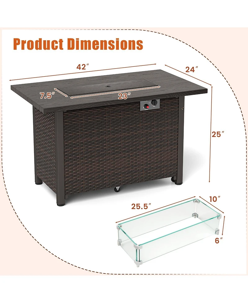50000 Btu 2 Inch ropane Gas Fire Pit Table with Wind Guard and Glass Rocks-Brown