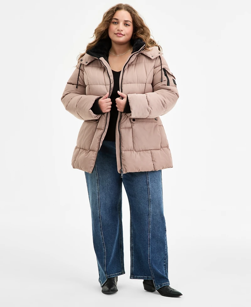 Steve Madden Plus Size Hooded Utility-Pocket Puffer Coat