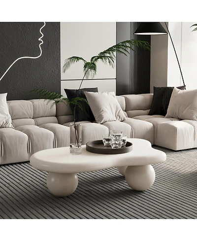 Streamdale 40 Inch Cloud Shaped Coffee Table with 3 Ball Legs for Living Room, Cream White