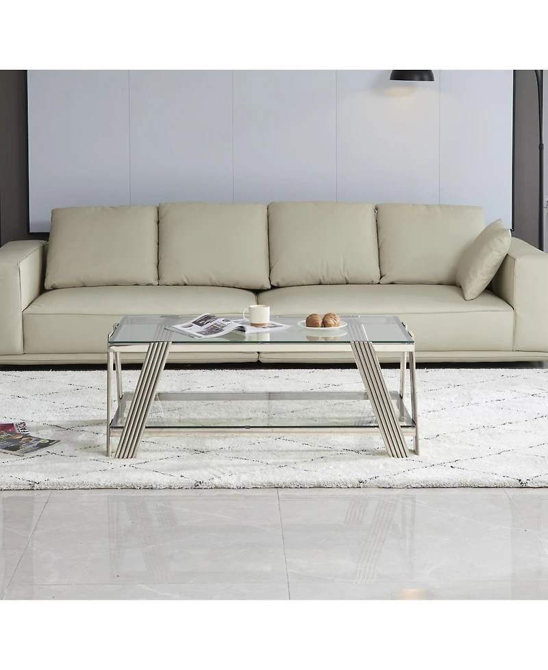 Streamdale 47" Stainless Steel Coffee Table with Glass Top and Storage