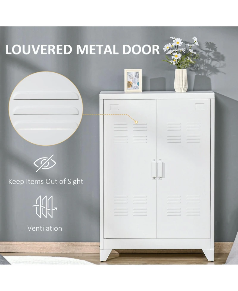 Industrial Storage Cabinet, Steel Garage Cabinet with Double Doors and Adjustable Shelves, White