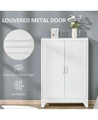 Industrial Storage Cabinet, Steel Garage Cabinet with Double Doors and Adjustable Shelves, White