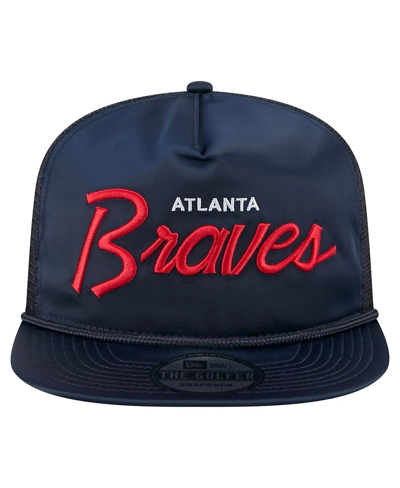 New Era Men's Navy Atlanta Braves Retro Satin Script Golfer Adjustable Hat