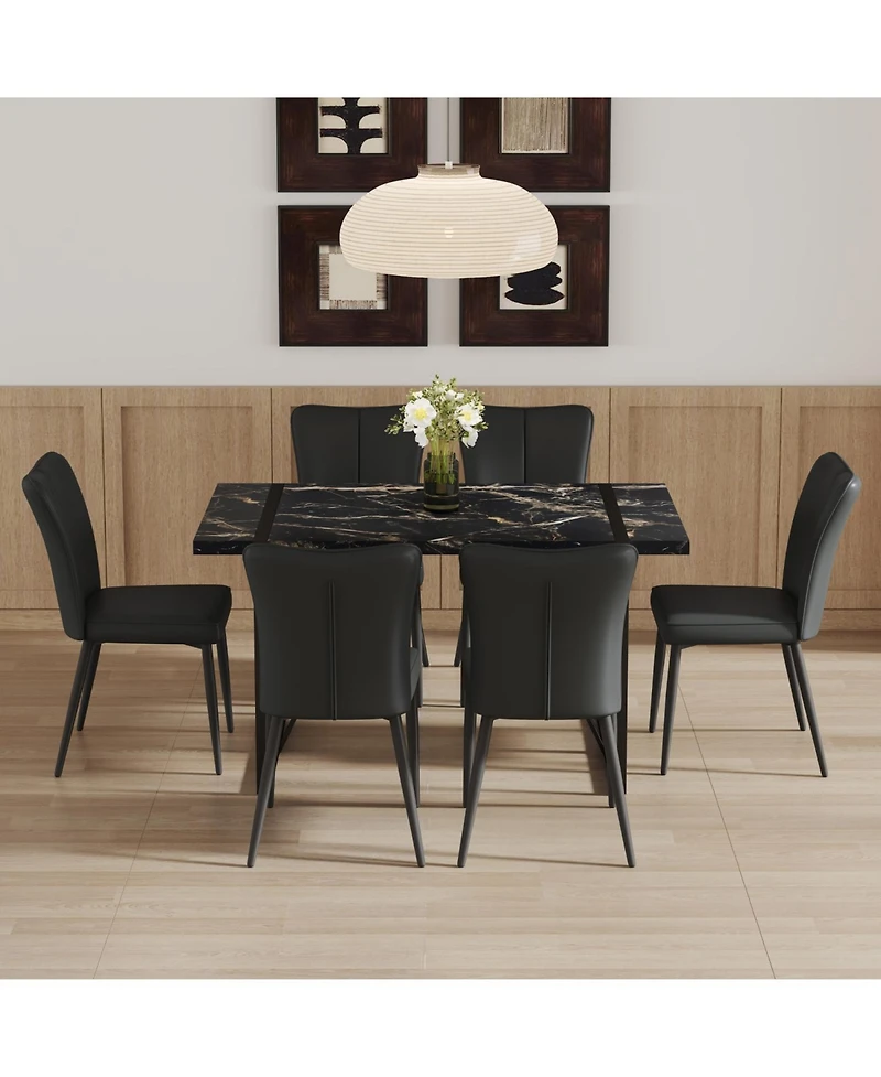 Streamdale Modern Marble Dining Set Table (55"x31.4") + 6 Black Pu Chairs