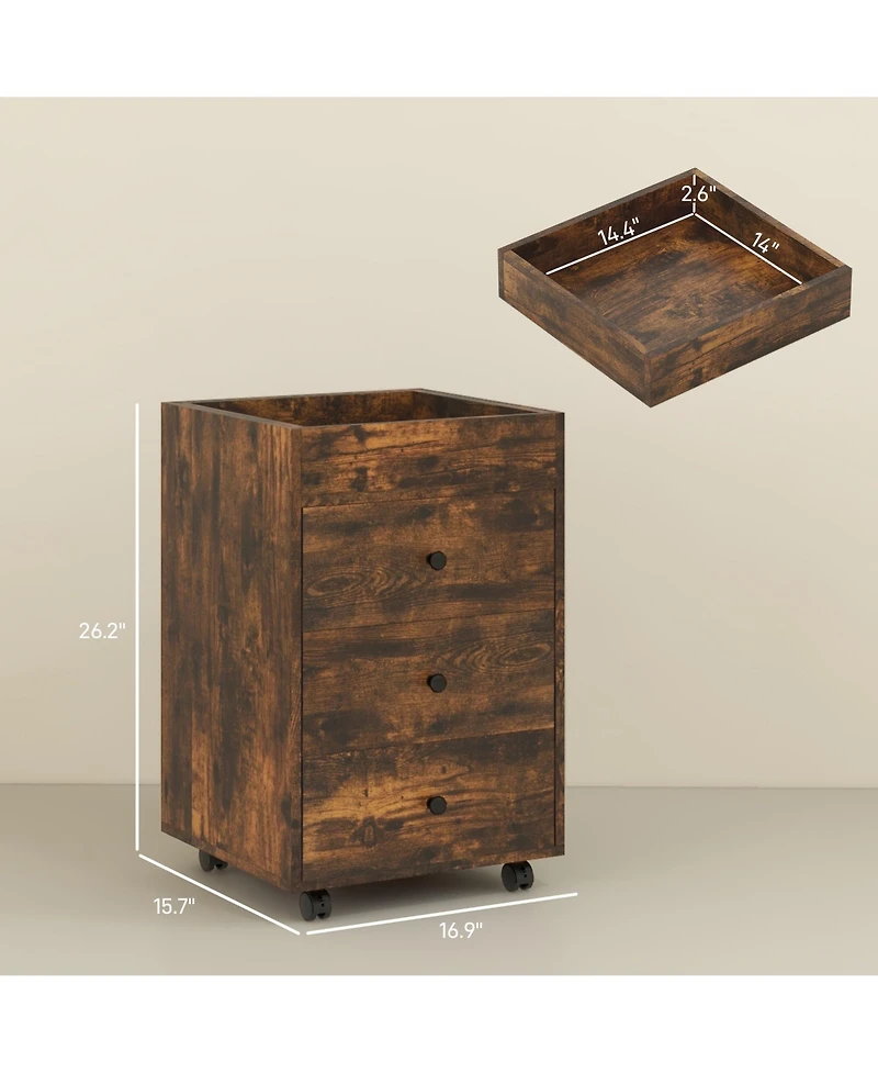 3 Drawer Home Office Storage Cabinet, Office Drawer on Wheels with Removable Tray, Under Desk Printer Stand with Storage, Rustic Brown