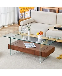 Streamdale 43.3" Modern 2-Tier Coffee Table Glass & Wood Grain, Storage & Multi-Use