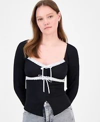 Just Polly Juniors' Lace-Trim Sweetheart-Neck Knit Top