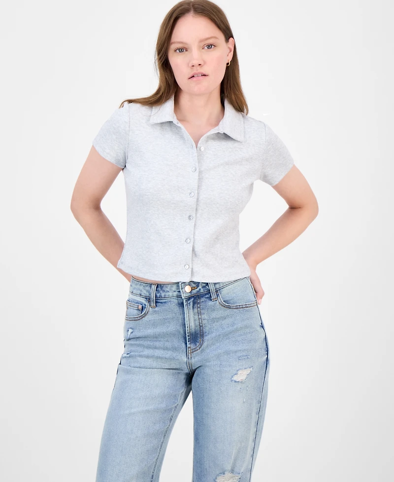 Ultra Flirt Juniors' Button-Front Collared Short-Sleeve Top