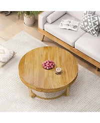 Streamdale Modern Round Coffee Table with Carved Pine Top and Metal Legs