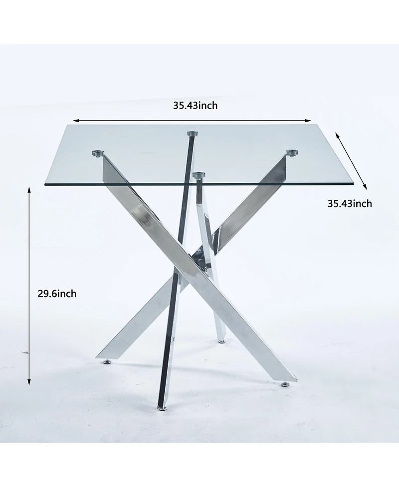Streamdale Modern Glass Dining Table with Cross Metal Legs (90x90x75cm)