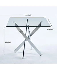 Streamdale Modern Glass Dining Table with Cross Metal Legs (90x90x75cm)