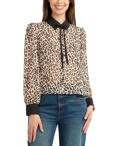Bcx Juniors' Animal-Print Tie-Front Long-Sleeve Button Blouse