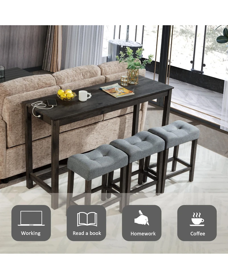 Streamdale 4-Piece Bar Table Set with Outlet and Padded Stools for Living and Dining Rooms