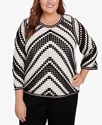 Alfred Dunner Plus Santa Barbara Chevron Crochet Bell Sleeve Top
