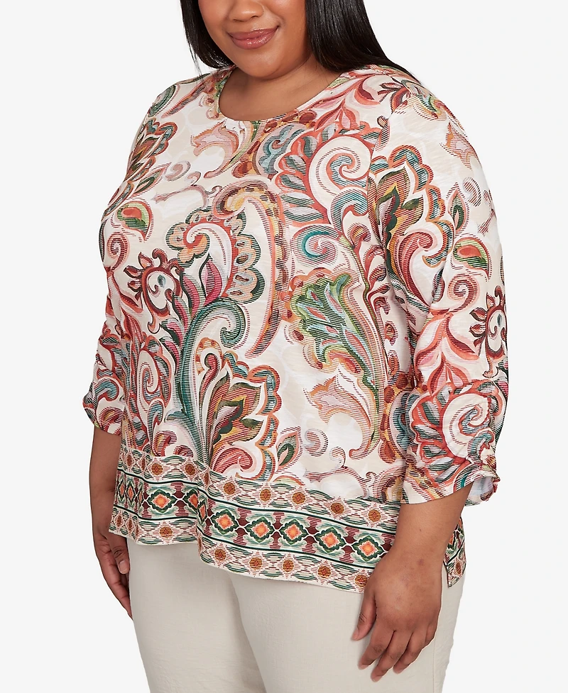 Alfred Dunner Plus Copper Canyon Textured Scroll Border Ruched Sleeves Top