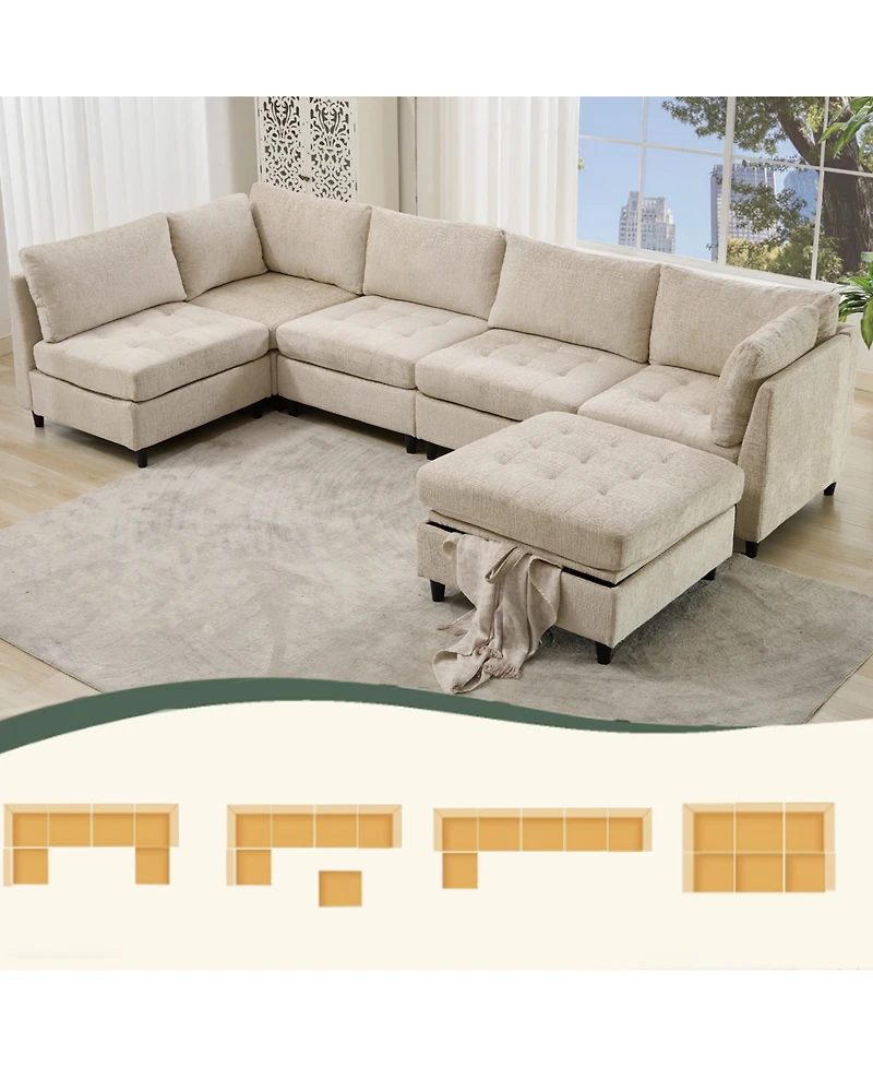 Streamdale Modular U-Shaped Sofa with Ottoman and Storage, Upholstered Chenille, 6-Seat Sectional