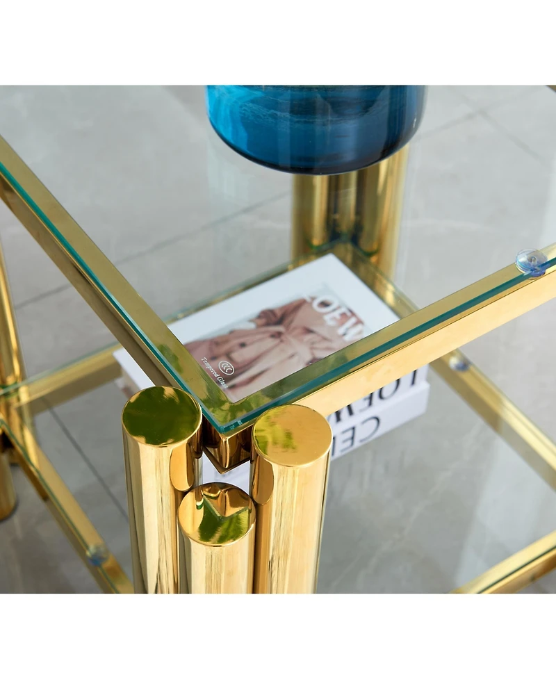 Streamdale 20" Square End Table with Glass & Stainless Steel, Gold Storage
