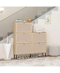 Rattan 5 Door Shoe Rack, Freestanding Modern Shoe Storage Cabinet, for Entryway