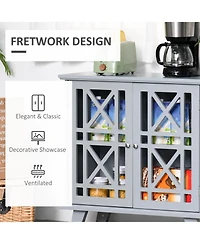 Sideboard Buffet Cabinet, Kitchen Storage Cabinet, Accent Cabinet with Double Fretwork Doors and Metal Handles for Living Room, Gray