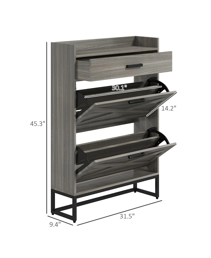 Narrow Shoe Cabinet, Industrial Shoe Storage Cabinet with 2 Flip Drawers, Adjustable Shelves, and Top Drawer, Entryway Hidden Shoe Storage for 12 Pair
