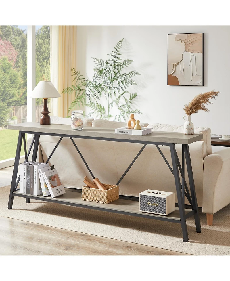 70" Long Sofa Console Table with 2 Shelves for Entryway, Living Room, Rustic Gray