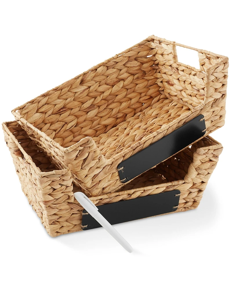 Casafield (Set of 2) Water Hyacinth Pantry Baskets with Handles and Chalkboard Labels - Espresso, Wide Woven Storage Baskets for Kitchen Shelves