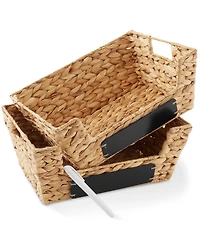 Casafield (Set of 2) Water Hyacinth Pantry Baskets with Handles and Chalkboard Labels - Espresso, Wide Woven Storage Baskets for Kitchen Shelves