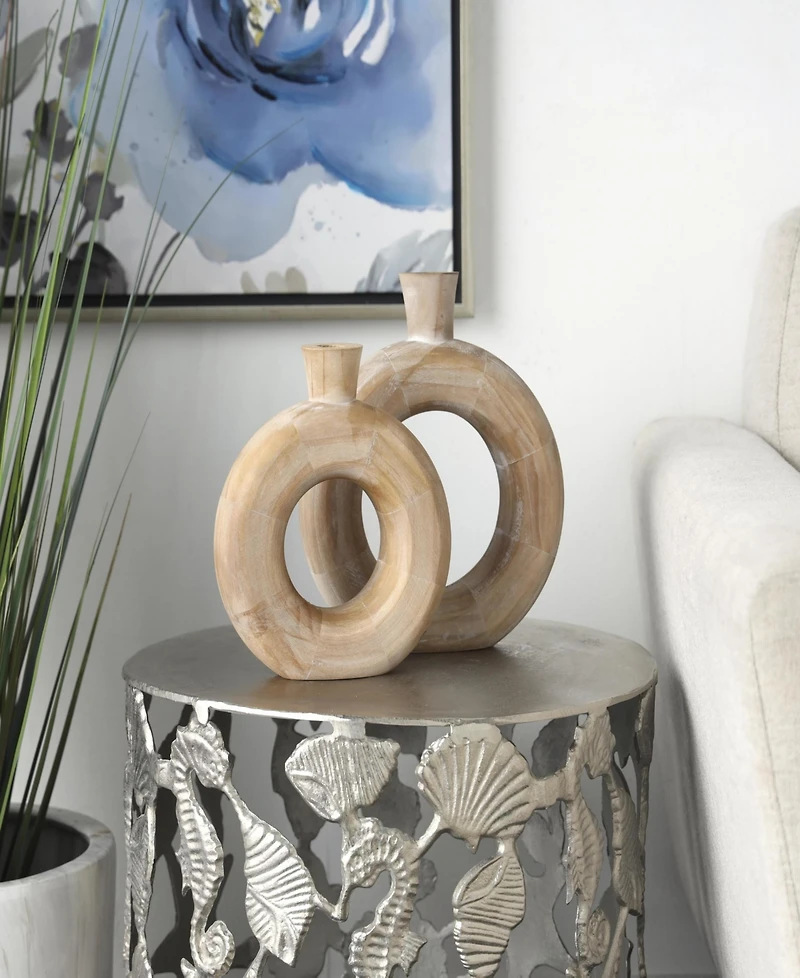 Rosemary Lane 9" Wood Circular Decorative Vase with Cutout Center, Set of 2