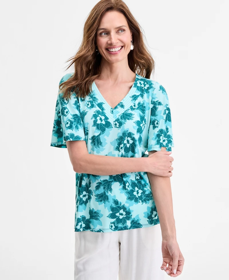 Jm Collection Women's Printed V-Neck Short Sleeve Knit Top, Exclusively at Macy's