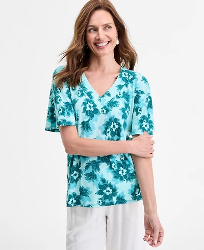 Jm Collection Women's Printed V-Neck Short Sleeve Knit Top, Exclusively at Macy's
