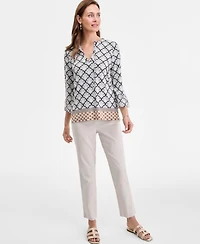 Jm Collection Petite Geometric-Print Split-Neck Top, Exclusively at Macy's