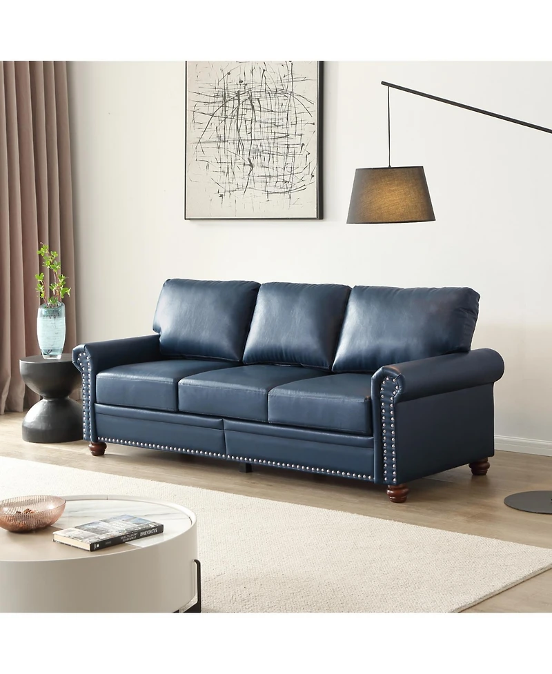 Streamdale FurnitureClassic Living Room Round Arm with Silver Nails Sofa Navy Blue Faux Leather