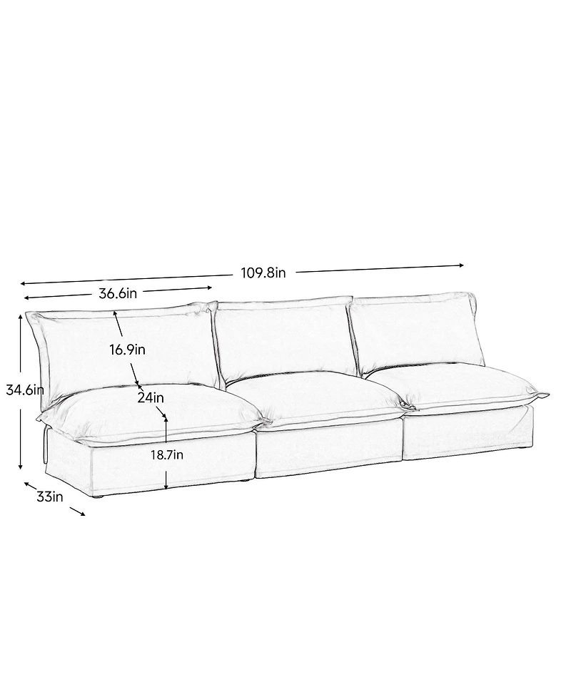 Modern Upholstered 3-Seater Sofa Couch, Armless, Chenille Fabric, Cream
