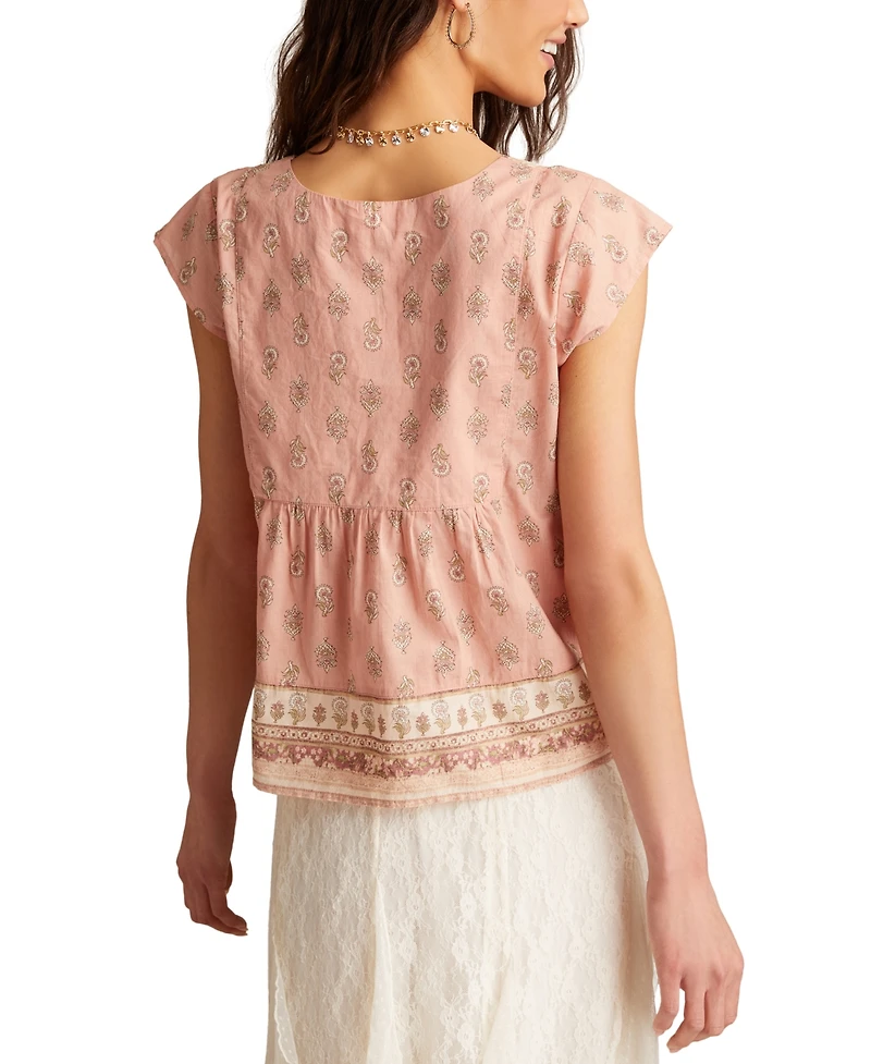 Lucky Brand Women's Cotton Mixed-Print Peasant Blouse