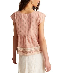 Lucky Brand Women's Cotton Mixed-Print Peasant Blouse