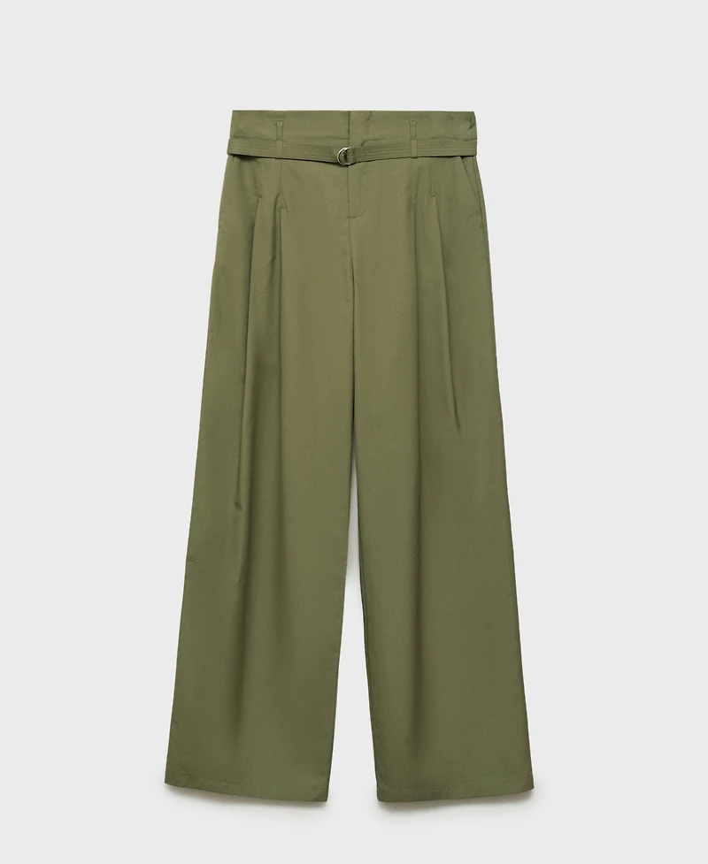 Mango Women's Belted Wide Leg Cotton Pants