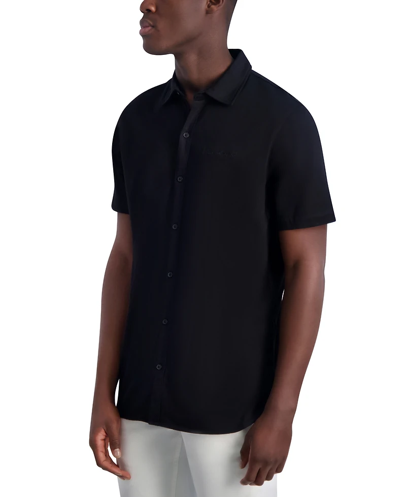 Karl Lagerfeld Paris Men's Short Sleeve Collared Knit Button Front T-Shirt
