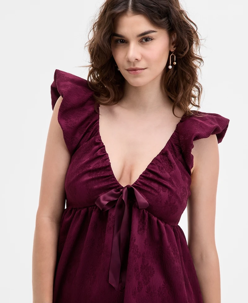 Row A Juniors' Jacquard Ruffled Babydoll Mini Dress