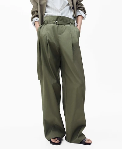 Mango Women's Belted Wide Leg Cotton Pants