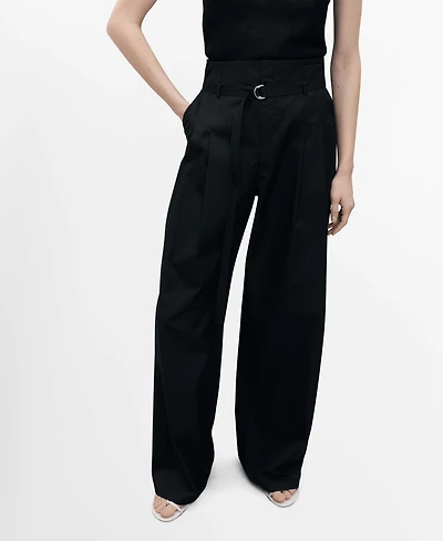 Mango Women's Belted Wide Leg Cotton Pants