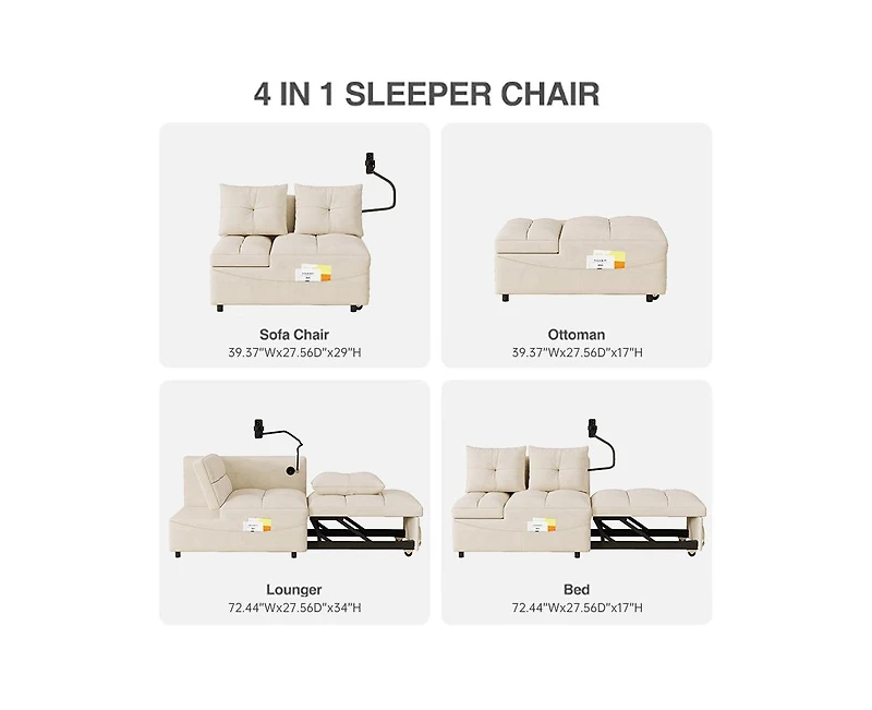 Streamdale 3-in-1 Velvet Sofa Bed with Usb, Phone Stand, and Adjustable Back (Beige)