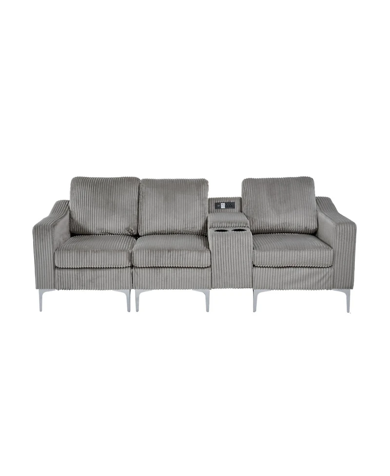 Convertible Sectional Corduroy Sofa with Cupholders, Usb,Three-seater,Gray