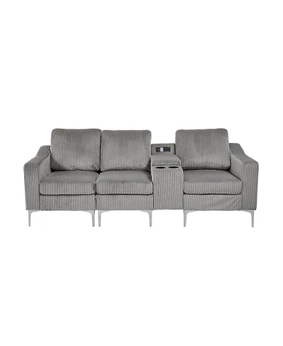 Convertible Sectional Corduroy Sofa with Cupholders, Usb,Three-seater,Gray