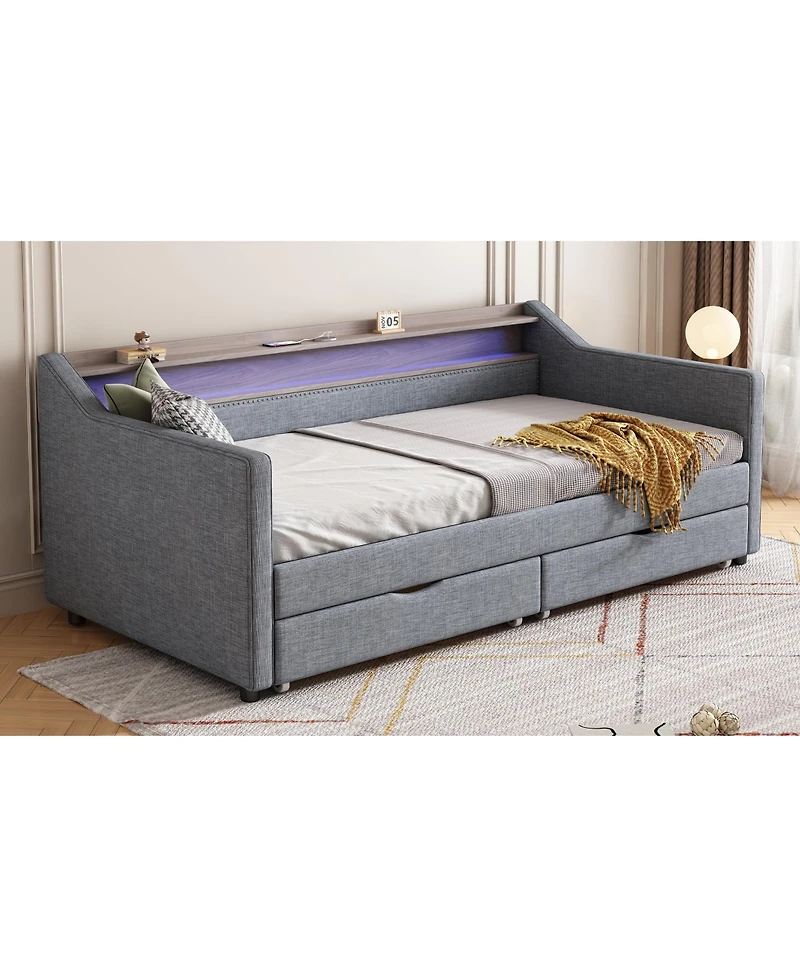 Streamdale Twin Daybed with Storage, Shelves & Usb Ports, Linen Upholstered Sofa with Led Light