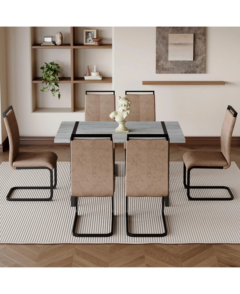 Streamdale Modern Grey Marble Mdf Dining Set with 6 Tech Fabric Chairs and Black Arched Legs