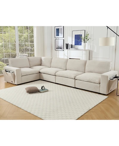 Streamdale Modular Sectional Sofa with Wireless Charger, Cup Holders, Book Space, and Soft Linen Fabric (5-seat, Beige)